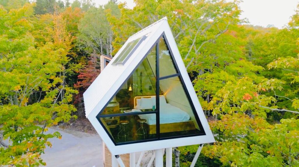 40 feet in the air, a minuscule A-frame cabin.