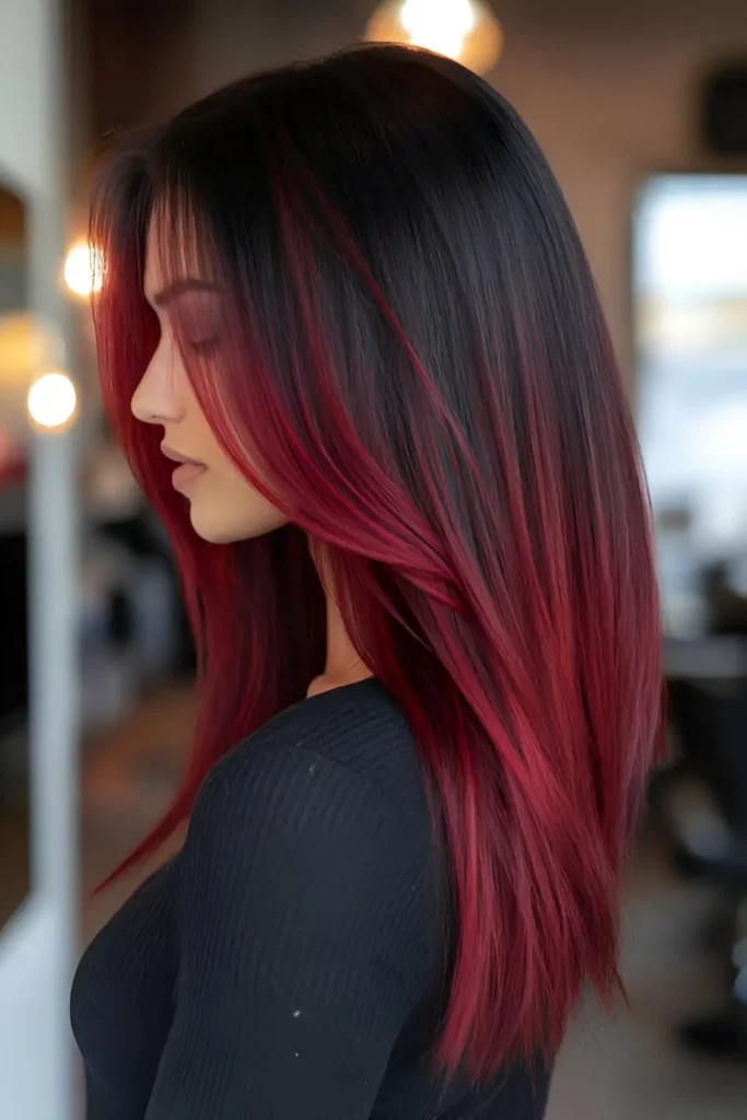 Woman with long, straight hair featuring a dark root to fiery burgundy ombré.