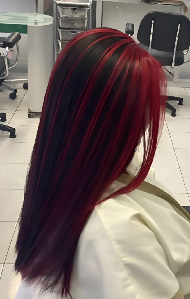 Woman with straight, burgundy hair featuring thick, contrasting black highlights.