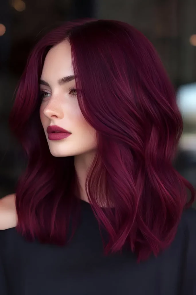 Woman with shoulder-length, polished wine-colored burgundy hair styled in loose waves.