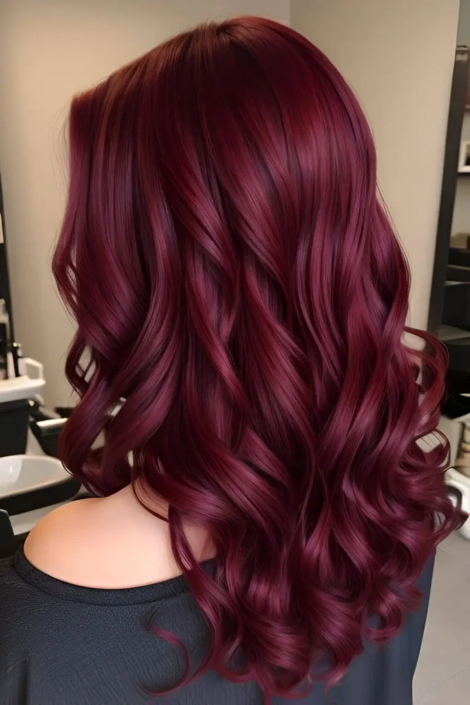 Woman with shoulder-length, true burgundy hair styled in defined, bouncy curls.