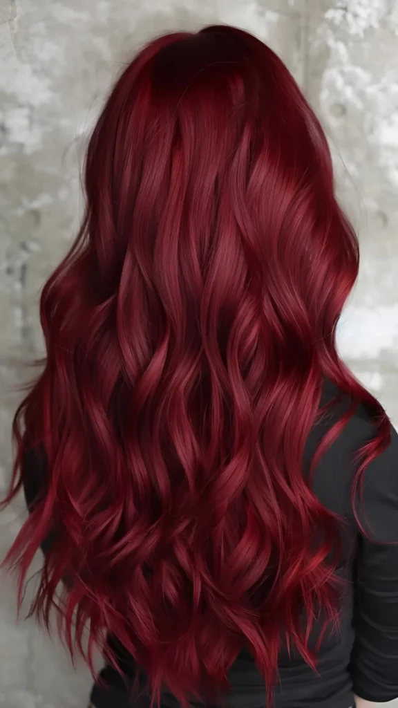 Person with long, wavy, deep cherry red burgundy hair, viewed from the back.