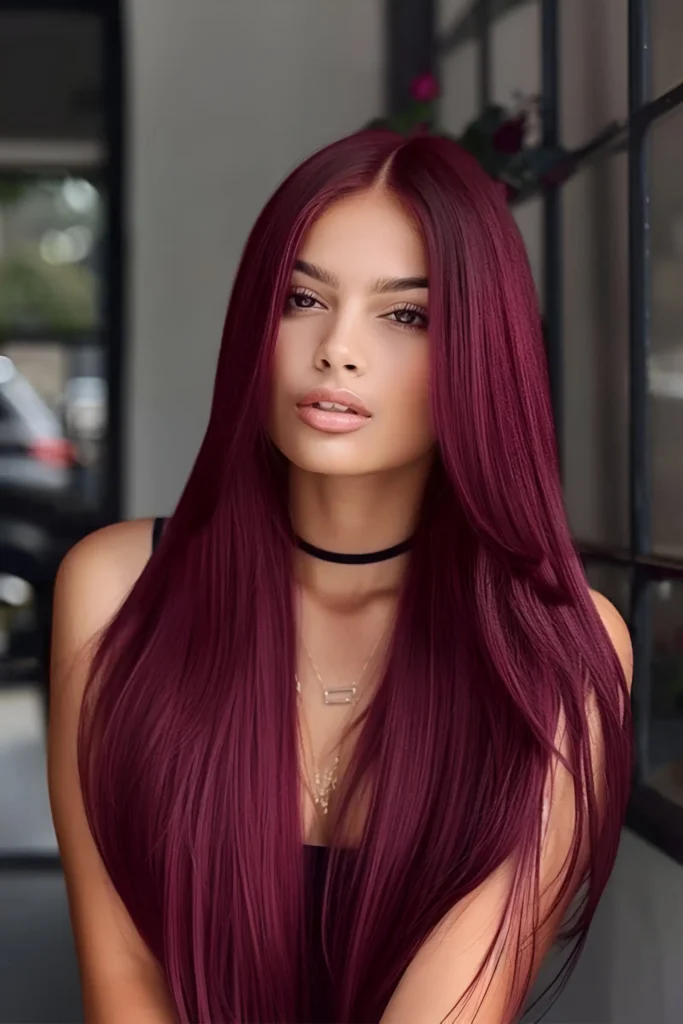 Woman with long, straight, plum-toned burgundy hair.