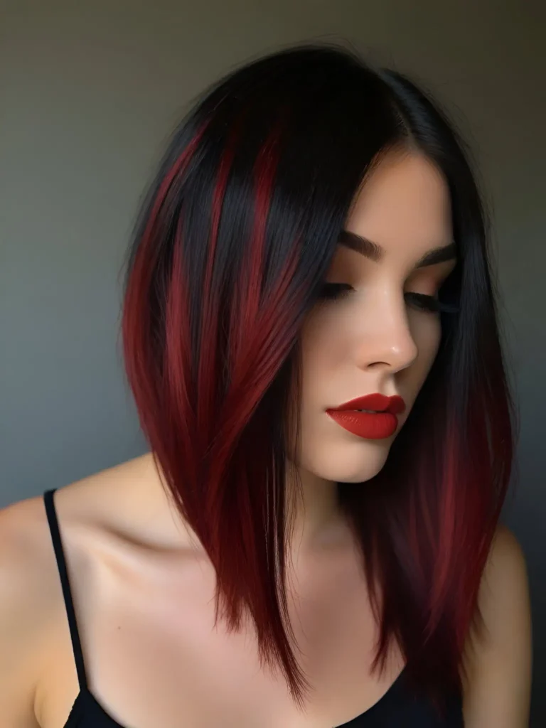 Woman with a short, angled bob haircut, black with bold burgundy panels.