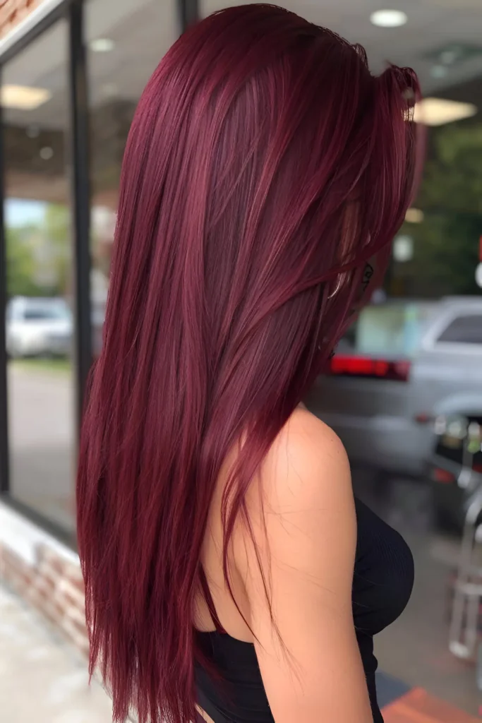 Woman with long, slightly layered, classic burgundy hair.