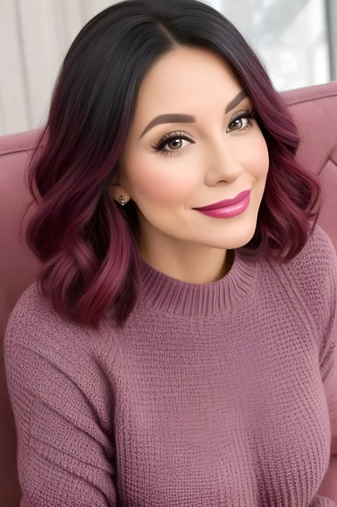 Woman with shoulder-length, wavy hair with dark roots fading into a burgundy-magenta color.