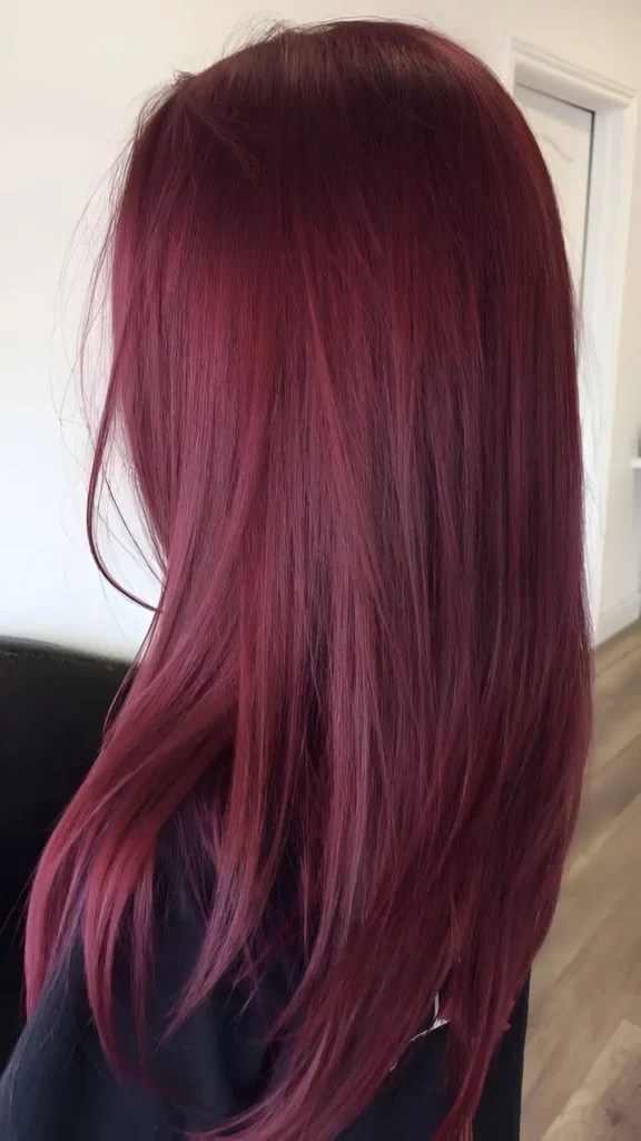 Person with medium-length, straight, uniform burgundy hair. Burgundy Hair Color Ideas