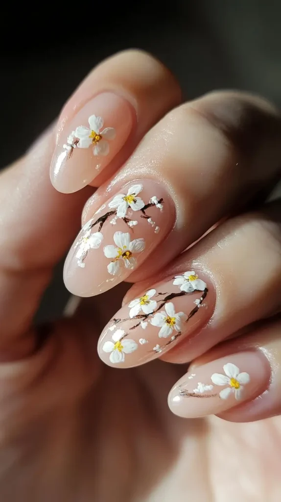 Close-up of rounded oval nails with a sheer nude base featuring hand-painted white cherry blossoms on fine brown branches.
