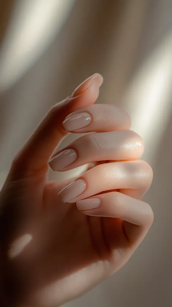 Close-up of a warm beige nude glossy nail polish effect, suitable for application on round nails.