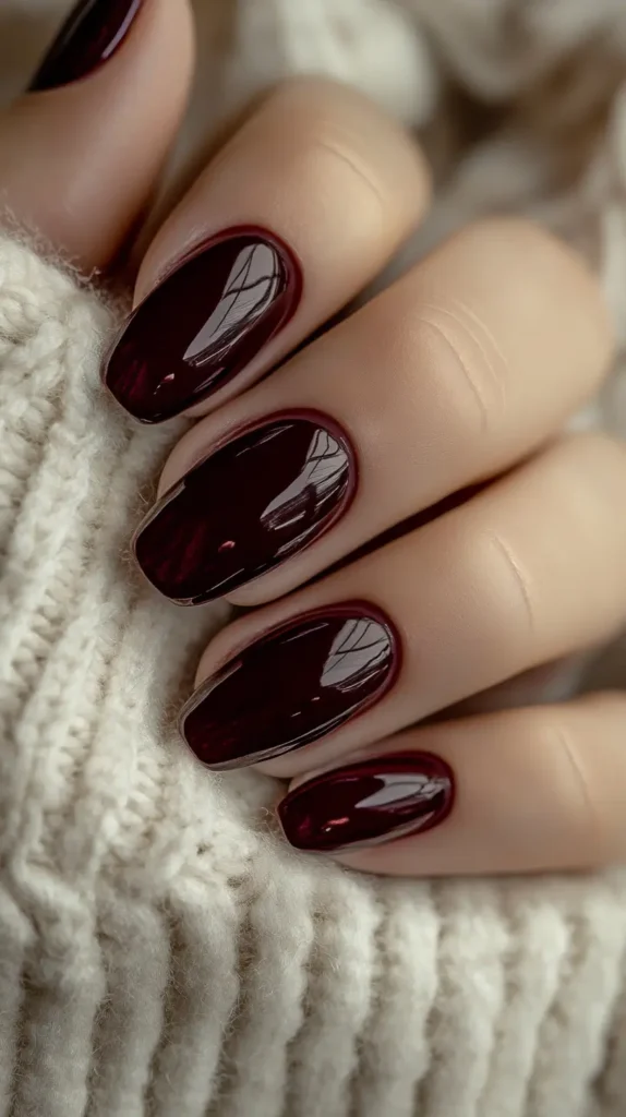 Close-up of a hand with medium-length oval nails painted in a glossy, very dark burgundy or oxblood red color, resting against a cream-colored knit background.