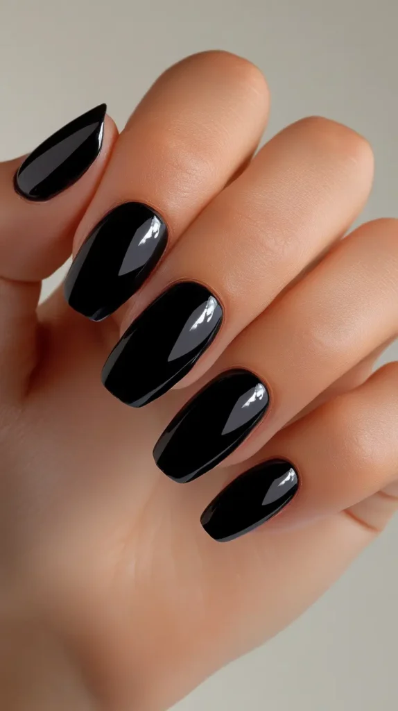 Hand showing sleek, medium-length rounded nails coated in a high-shine, glossy pure black polish.