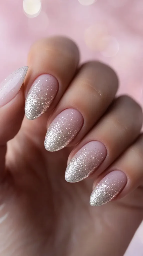 Close-up of a hand displaying almond-shaped nails with a pale nude-pink base color, featuring a silver glitter gradient that is dense at the tips and fades towards the cuticles.