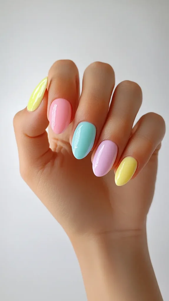 Hand with glossy round nails painted in different pastel colors: yellow, pink, light blue, and lavender.
