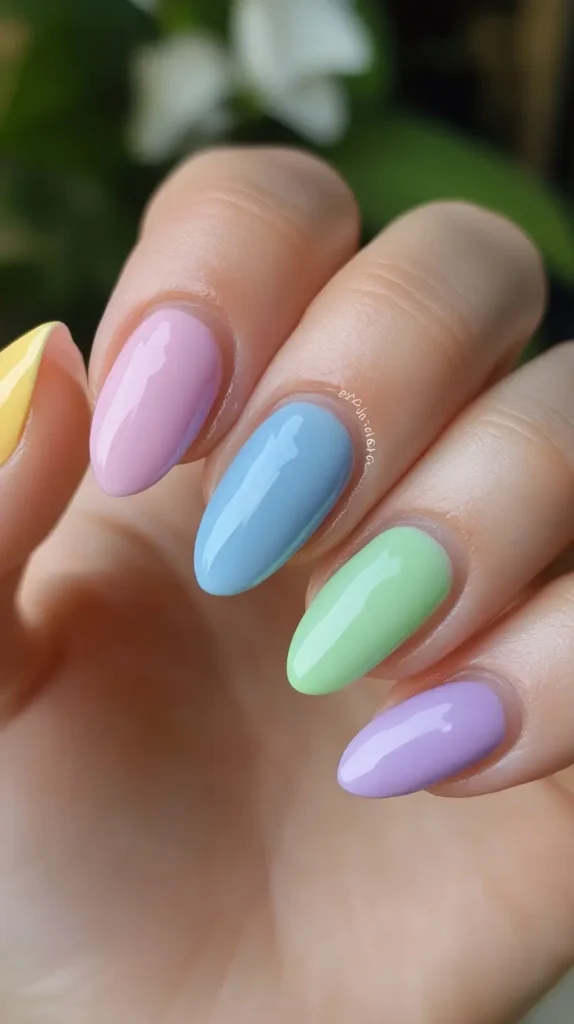 Close-up of a hand with rounded oval nails painted in five different glossy pastel colors: pale yellow, light pink, sky blue, mint green, and lavender (Skittles manicure).