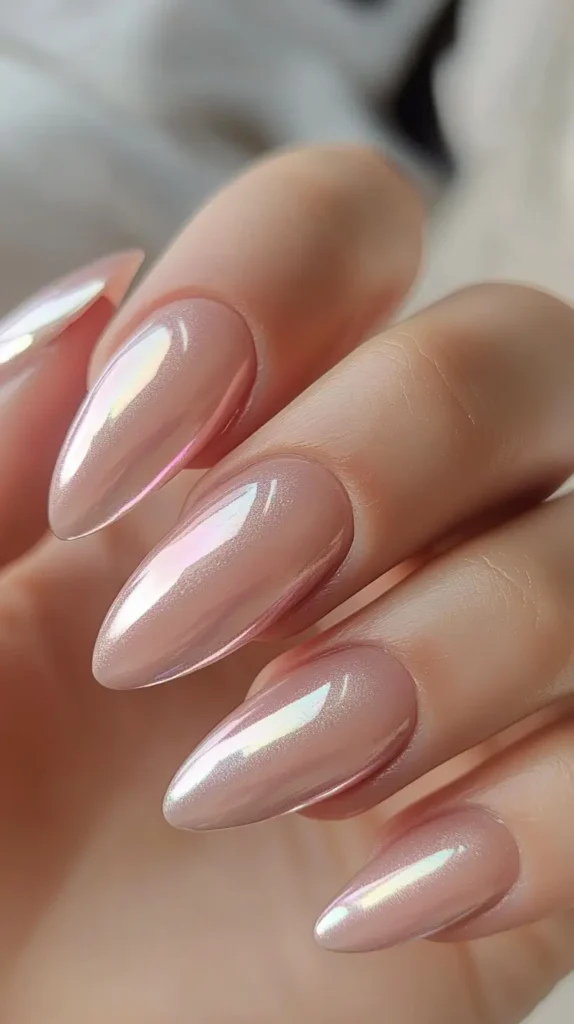 Close-up of a hand showcasing long stiletto or sharp almond-shaped nails with a highly reflective, pearlescent chrome finish over a light pink base, showing iridescent highlights.