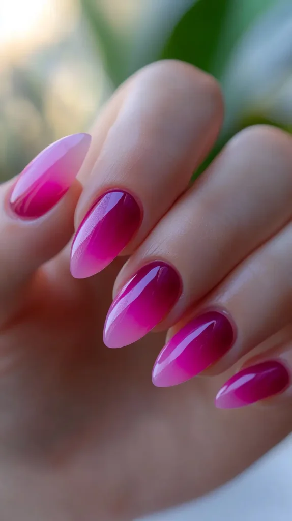 Close-up of a hand with glossy almond nails featuring a smooth pink ombre gradient, transitioning from light pink at the cuticles to vibrant magenta or fuchsia at the tips.