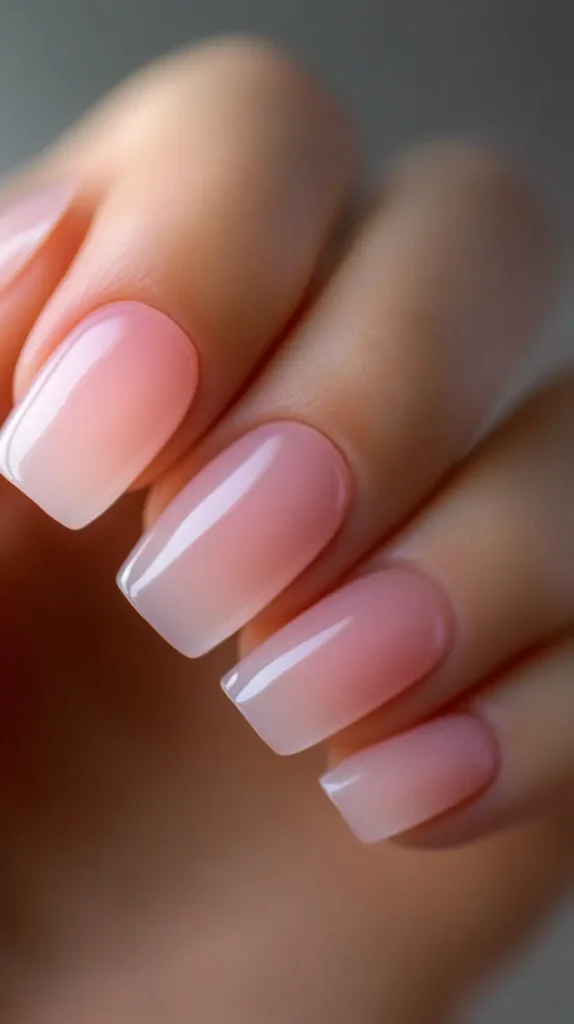 Close-up of a hand with medium-length square nails showcasing a sheer, glossy, natural pink 'milk bath' manicure, looking clean and polished.