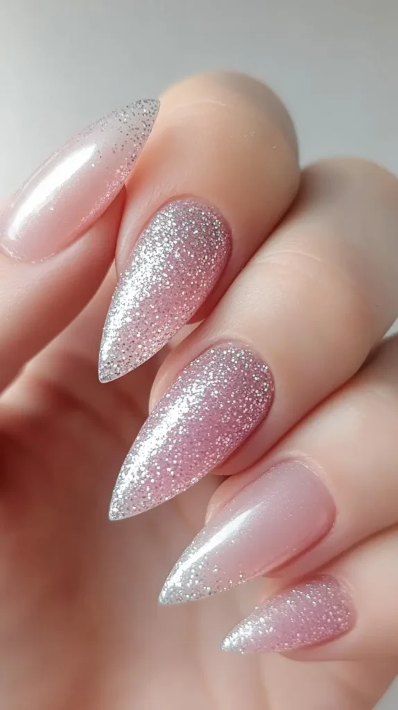 Close-up of short round nails painted with an opaque, soft pastel pink crème polish.