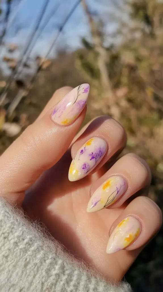 Rounded nails displaying a sheer watercolor wash effect with blended yellow and purple hues over a translucent base.