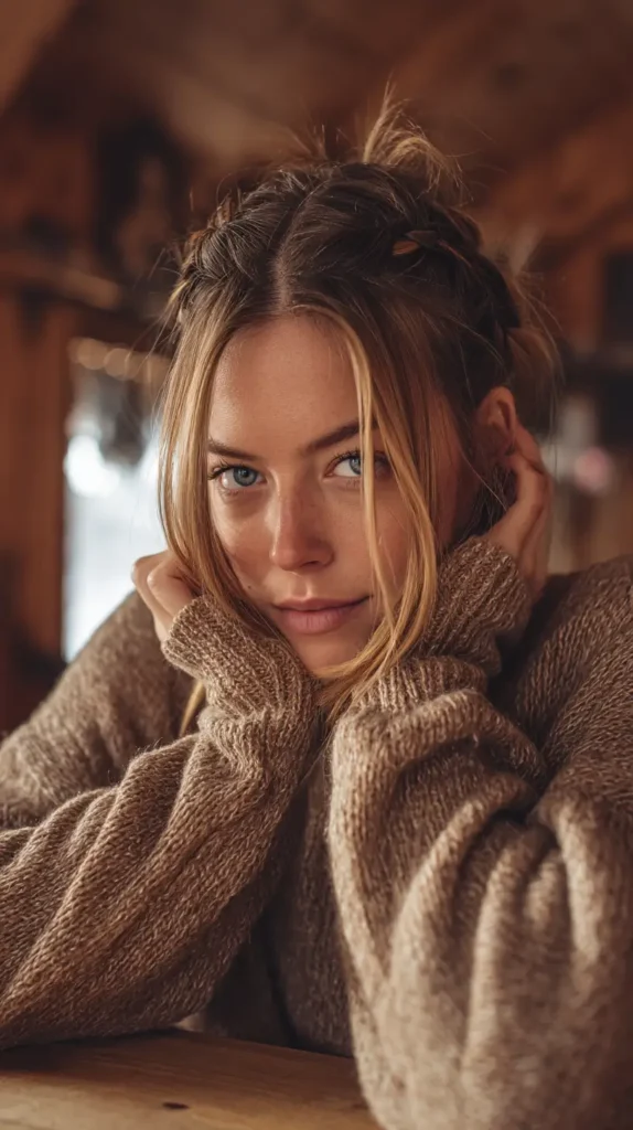 Light brown hair parted in the middle and styled into a relaxed updo, with long, loose strands framing the face.