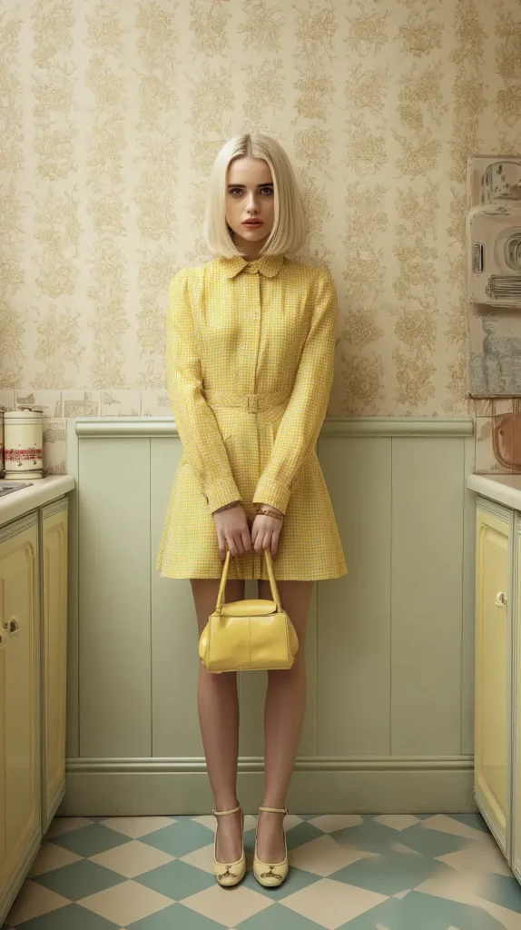Short platinum blonde bob haircut styled straight with a precise middle part and ends slightly curved inward.