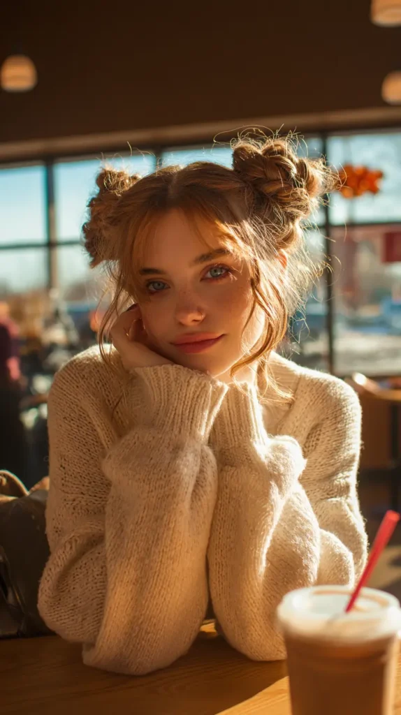 Reddish-brown hair parted in the middle and styled into two high textured buns (space buns), with soft tendrils framing the face.