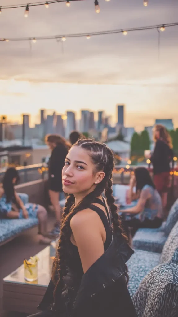 Dark hair parted in the middle and styled into two tight Dutch braids starting from the scalp.