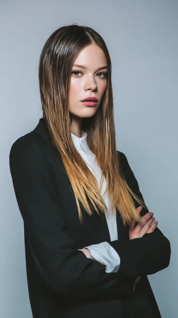 Medium-long straight hair with dark roots and blonde ombre ends, styled with a middle part for a sleek, wet look.