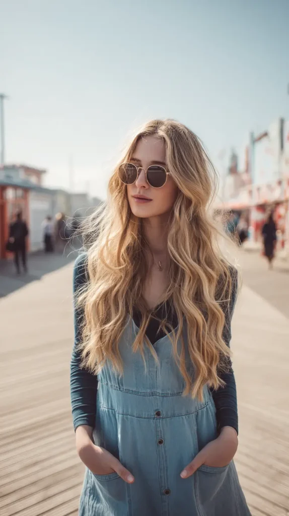 Long blonde hair with voluminous beachy waves and a defined middle part, styled for a sunkissed, summery look.