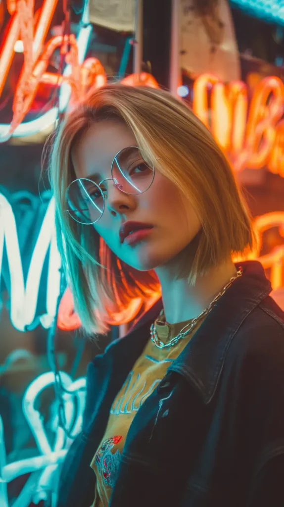 Short, chin-length blonde bob with a clear middle part and slight texture, seen in neon lighting.