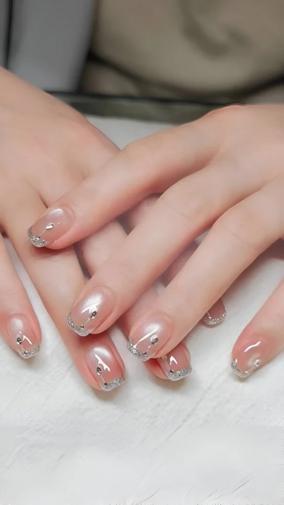 Cute minimalist nail design on sheer shimmer base featuring fine silver glitter French tips and scattered metallic silver dot accents; oval/squoval shape.