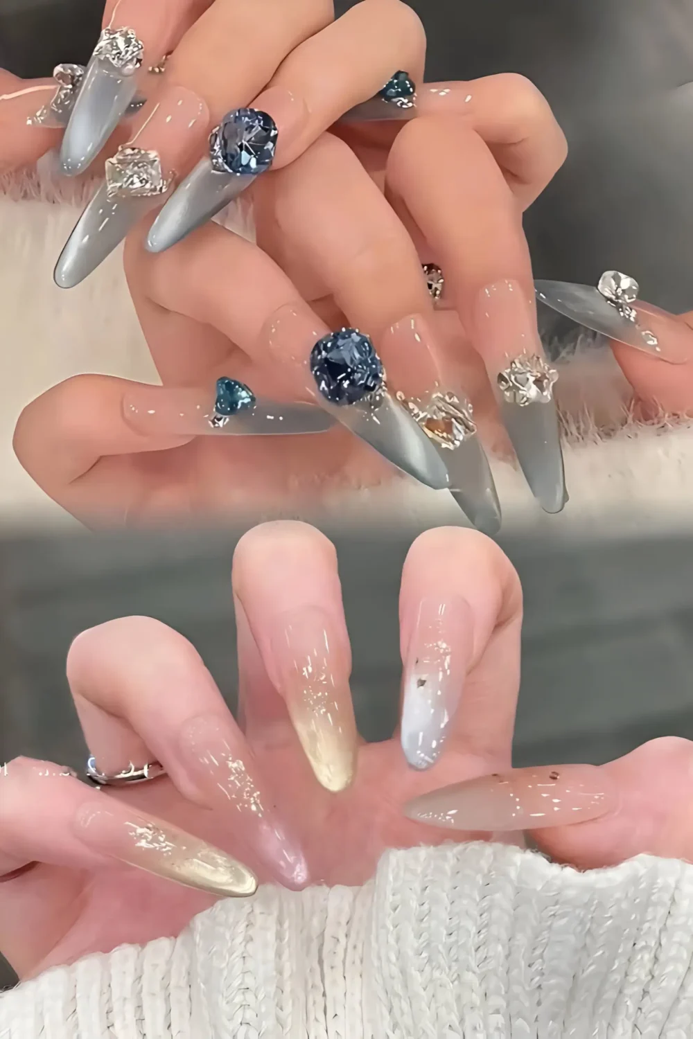Cute long stiletto nails with grey cat-eye base, large deep blue crystal gems, and smaller clear crystal accents.