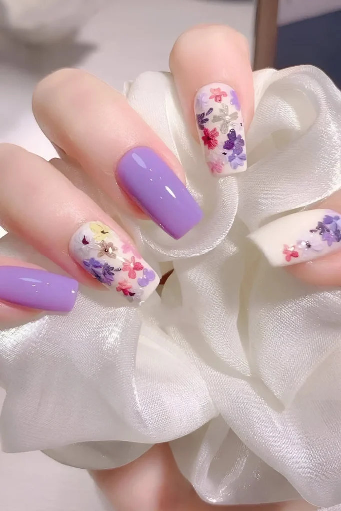Cute nail design featuring solid lavender purple nails alternating with white nails covered in a dense, multi-color floral ('millefleur') pattern; square shape.