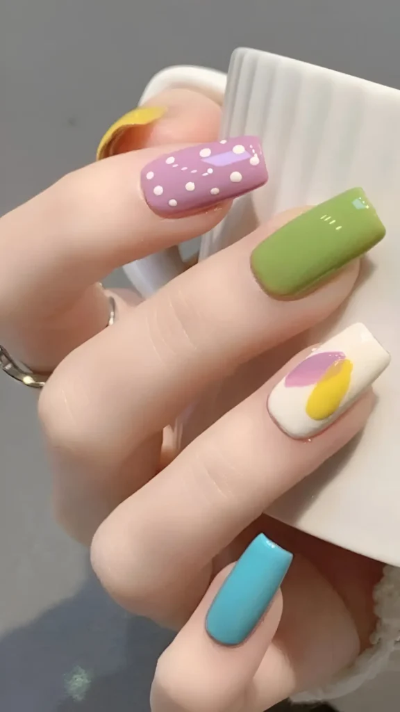 Cute nail design mixing bright solid colors (green, yellow, blue) with patterned nails: lilac with white polka dots and white with abstract petal shapes; square shape.