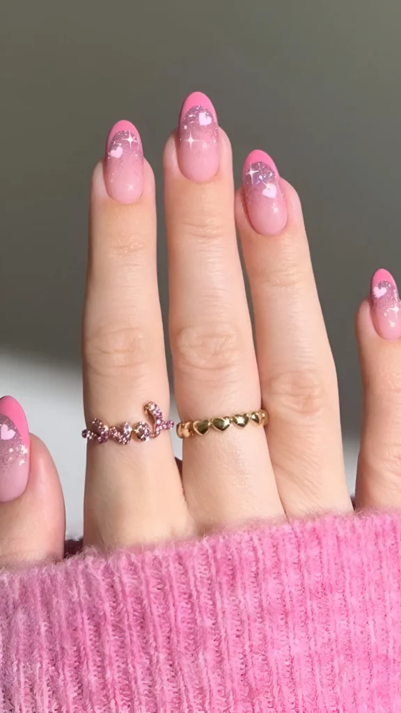 Cute nail design with glitter French ombre fade (silver/iridescent on sheer pink base) topped with bright pink tips, scattered white hearts, and twinkles; oval shape.
