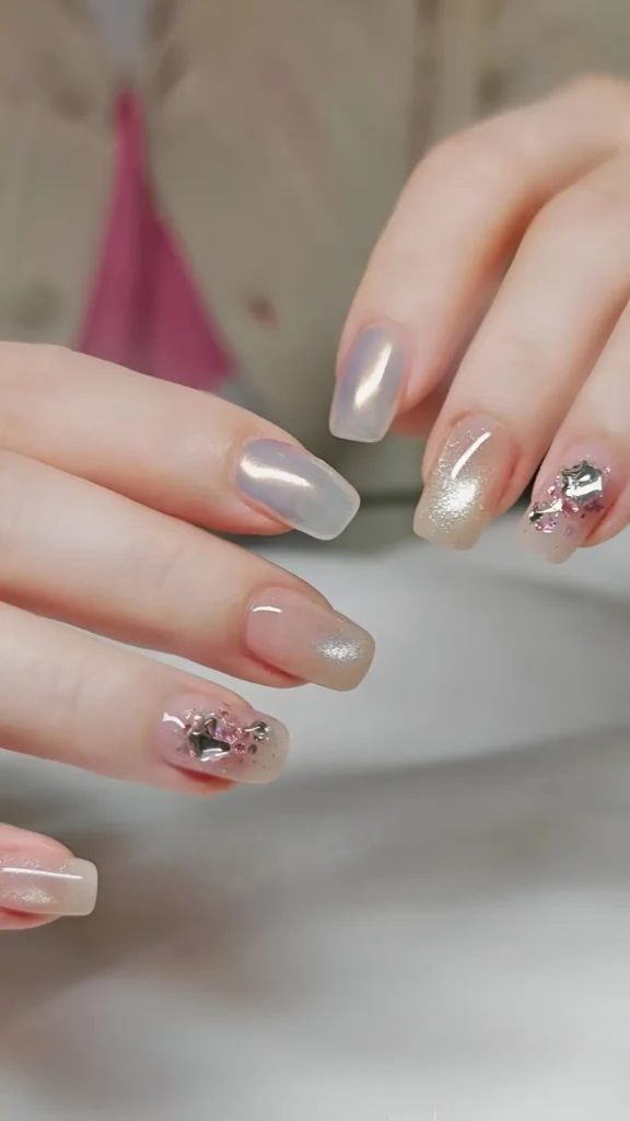Example of cute nail designs mixing finishes: pearlescent grey, champagne shimmer wash, and chunky silver glitter shards on a sheer base; coffin/square shape.