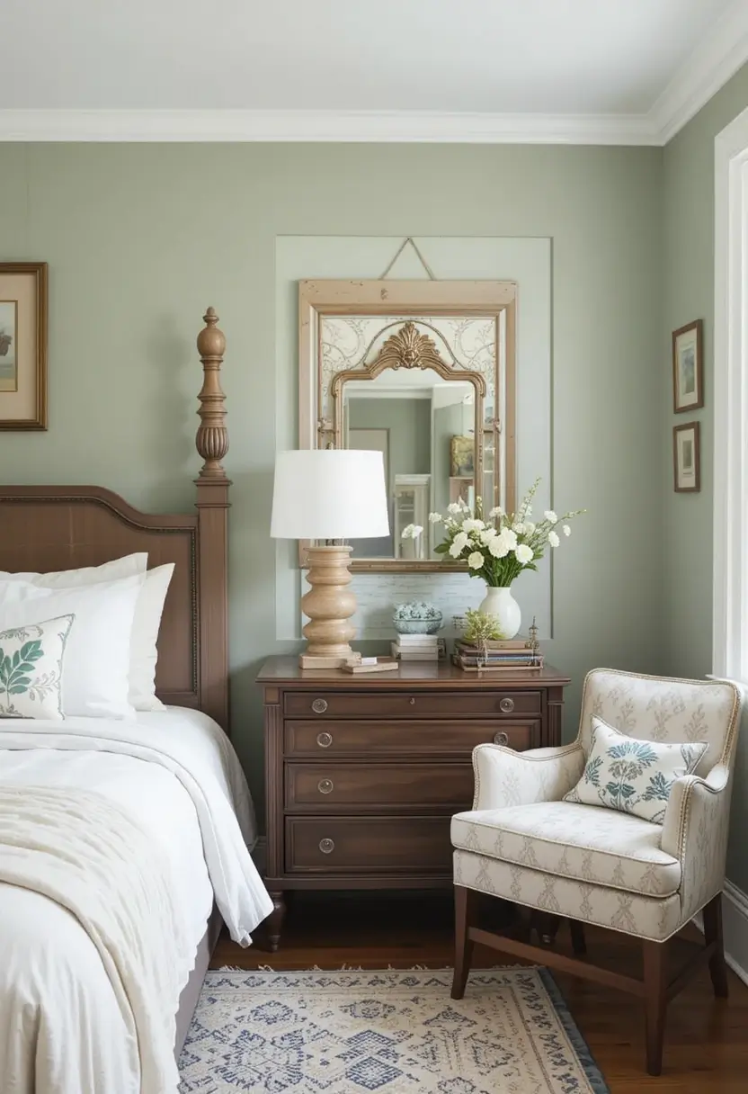Farmhouse bedroom featuring sage green walls, dark wood furniture, layered mirrors, and traditional armchair with floral cushion.