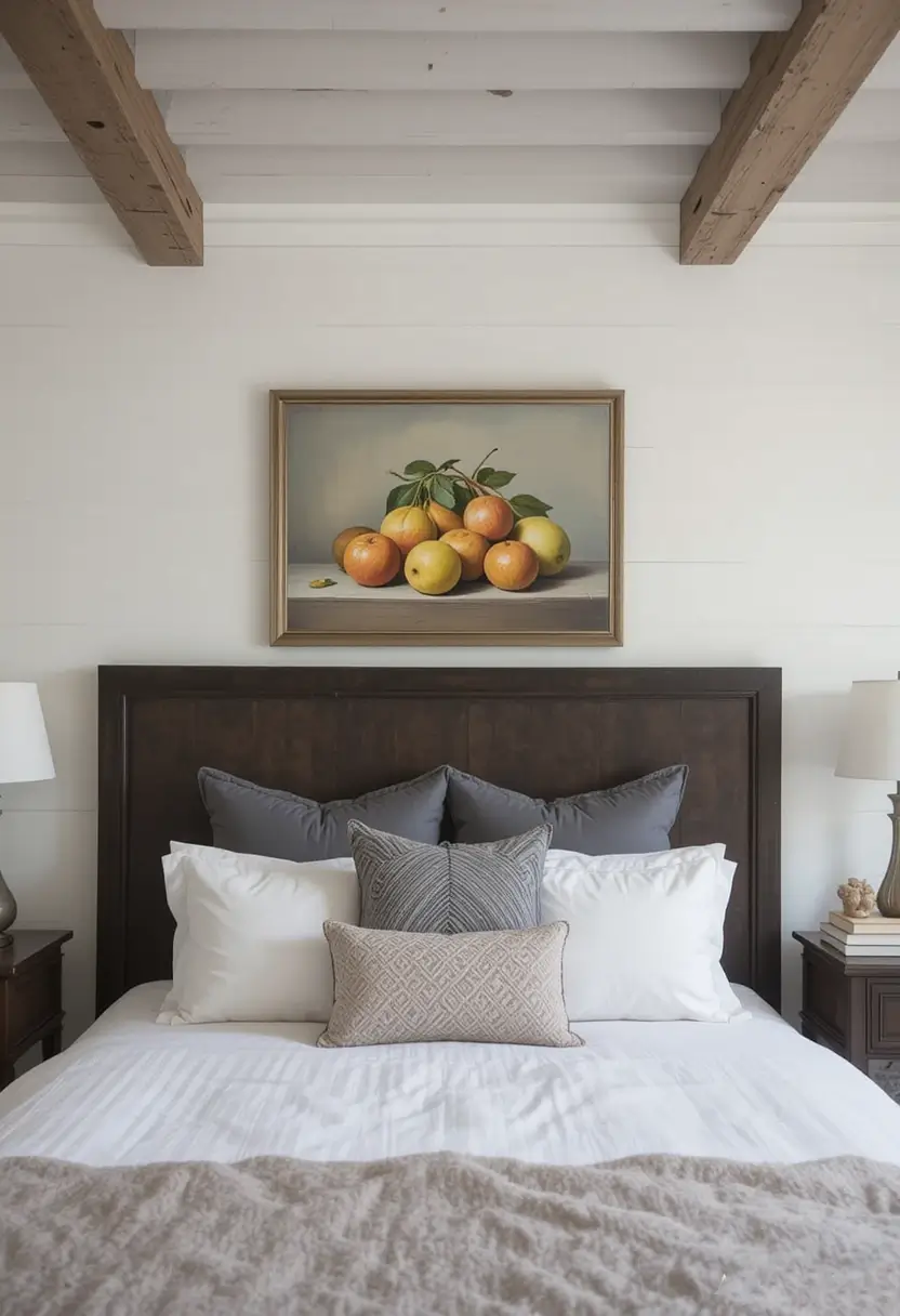 Modern farmhouse bedroom with exposed wood ceiling beams, white walls, dark wood headboard, and neutral layered bedding.