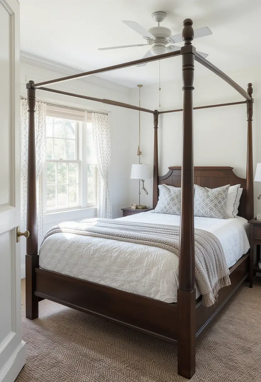 Farmhouse bedroom centered around a dark wood four-poster bed with white bedding and light walls.