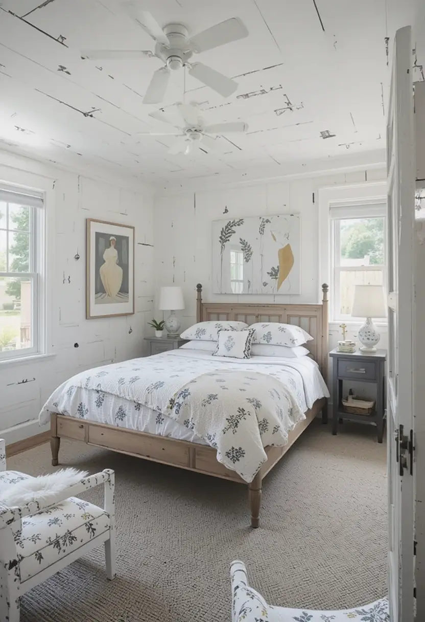 Farmhouse bedroom with distressed white wood planks on walls and ceiling, light wood bed, and blue patterned bedding.