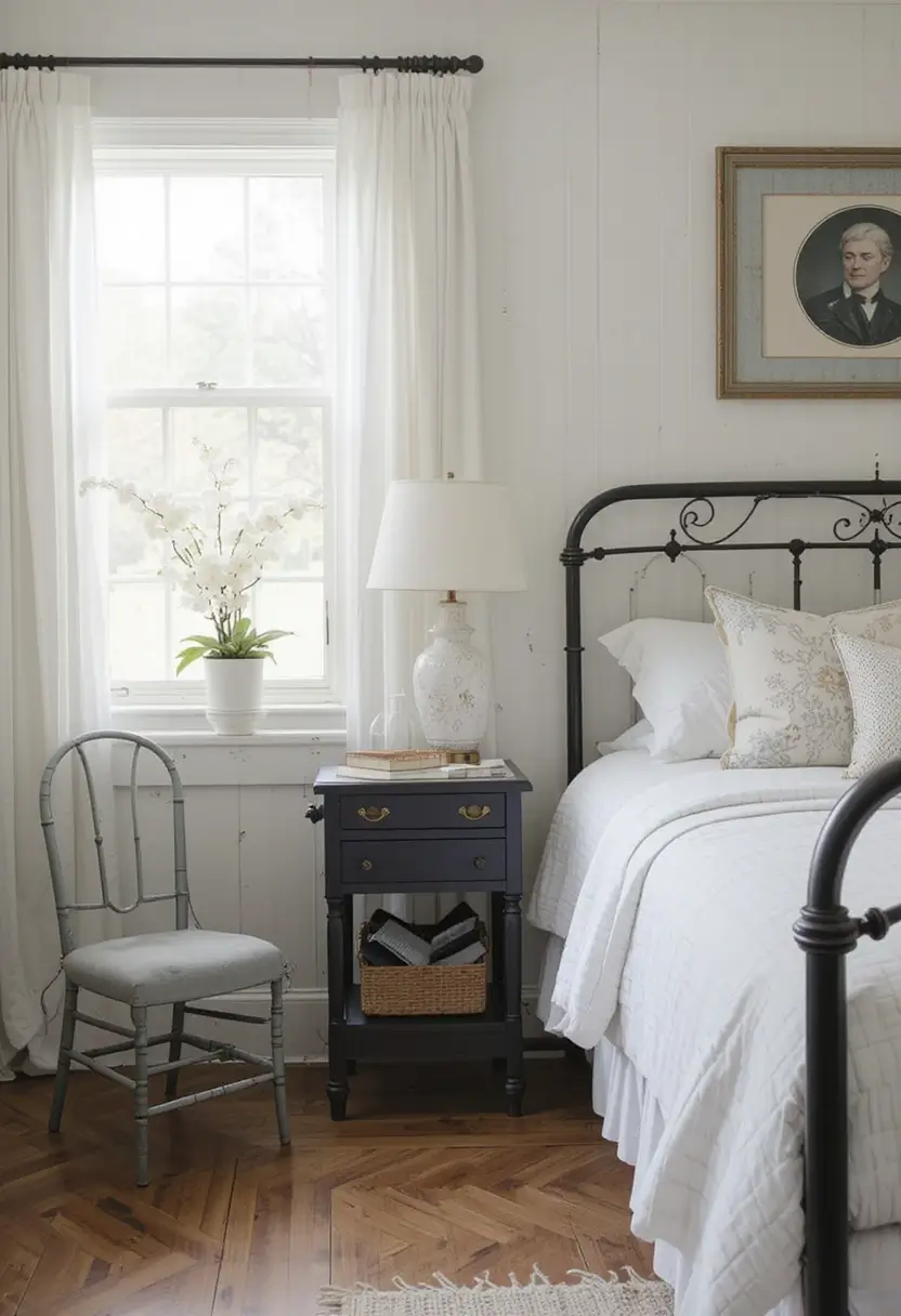 Farmhouse bedroom featuring a black metal bed, white wood paneling, herringbone wood floor, and a vintage metal chair.