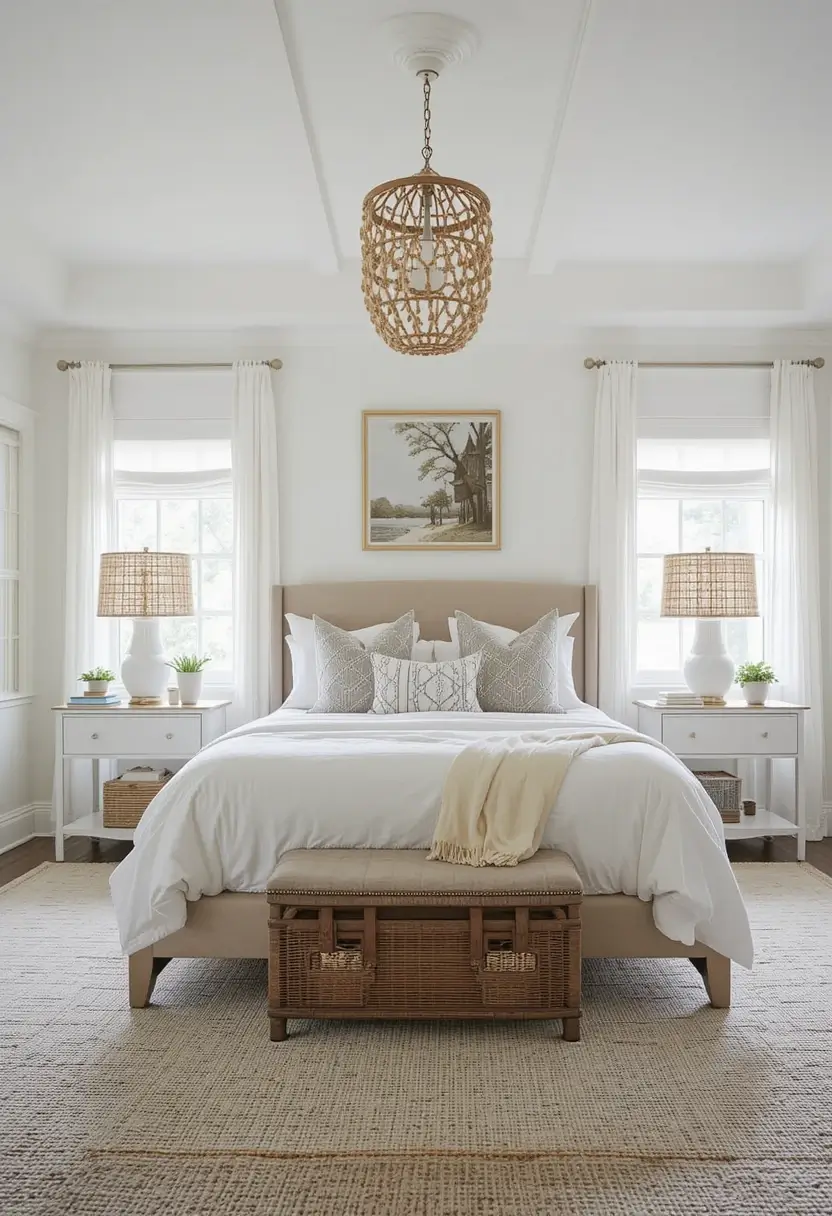Bright farmhouse bedroom featuring woven textures in lampshades, pendant light, rug, and bench, with an upholstered bed.