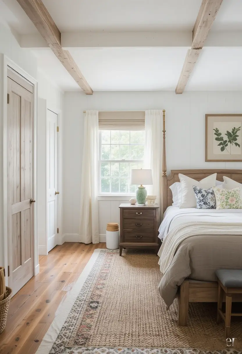 Farmhouse bedroom mixing light wood beams and door with medium wood floors and a darker nightstand against white walls.