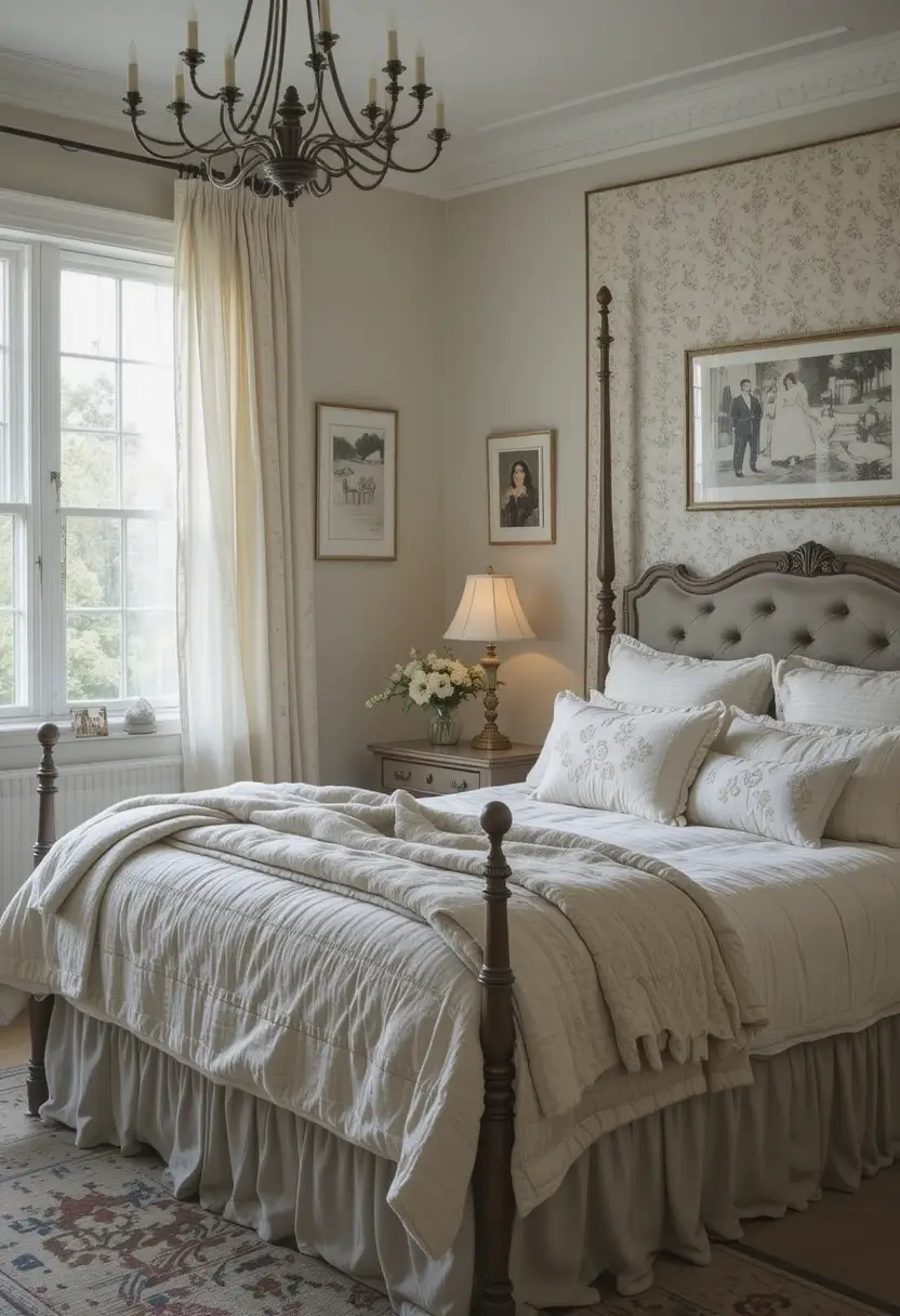 Elegant farmhouse bedroom with a patterned wallpaper accent wall behind an upholstered headboard bed, featuring layered neutral bedding.