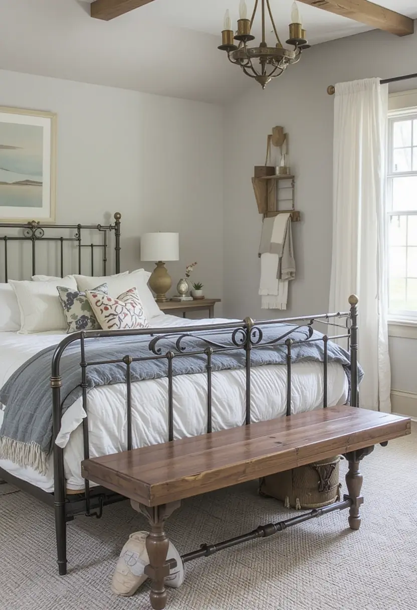 Farmhouse bedroom featuring a black metal bed and a rustic wood bench with turned legs at the foot.