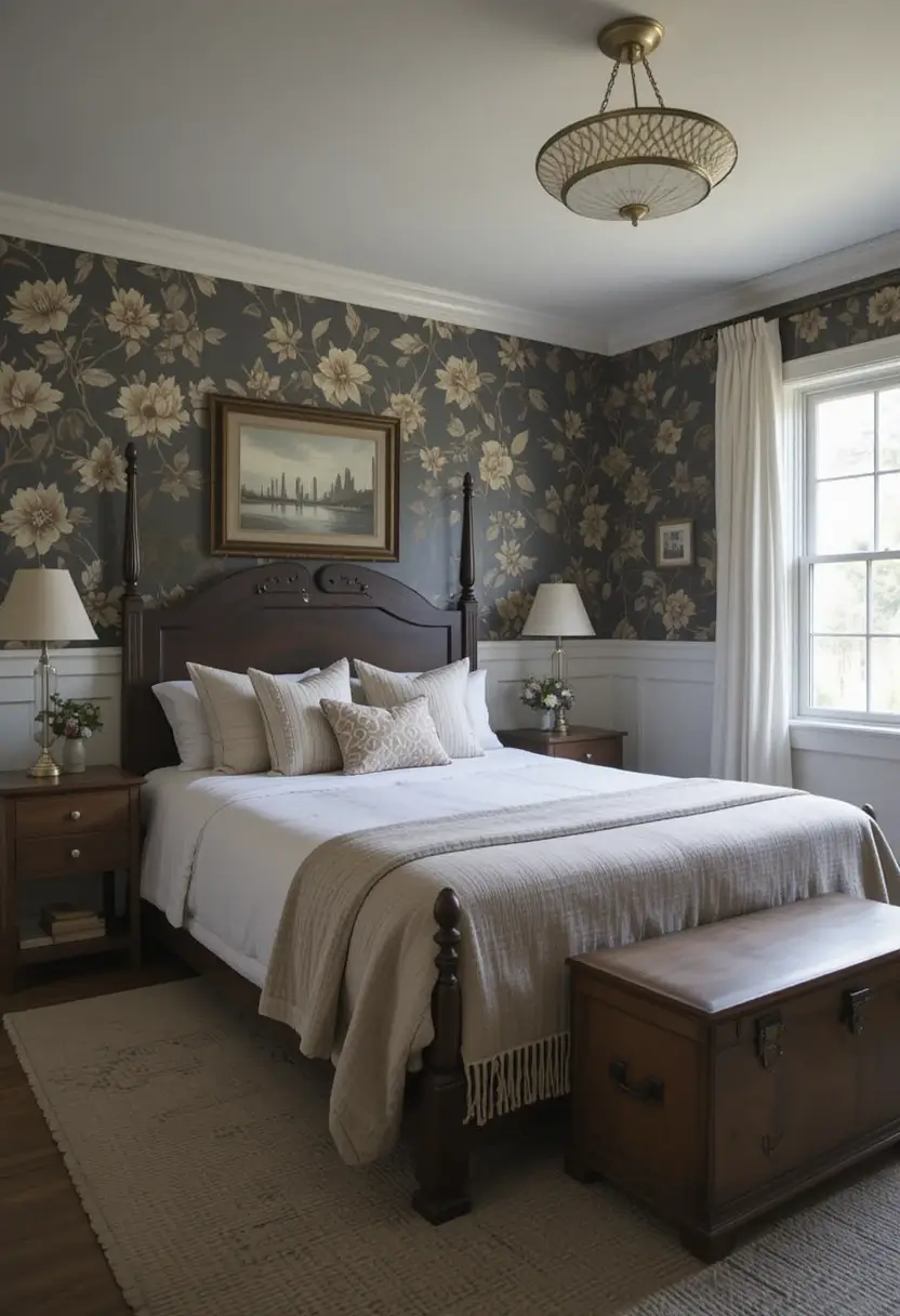 Farmhouse bedroom featuring dark floral wallpaper above white wainscoting, with a dark wood bed and chest.