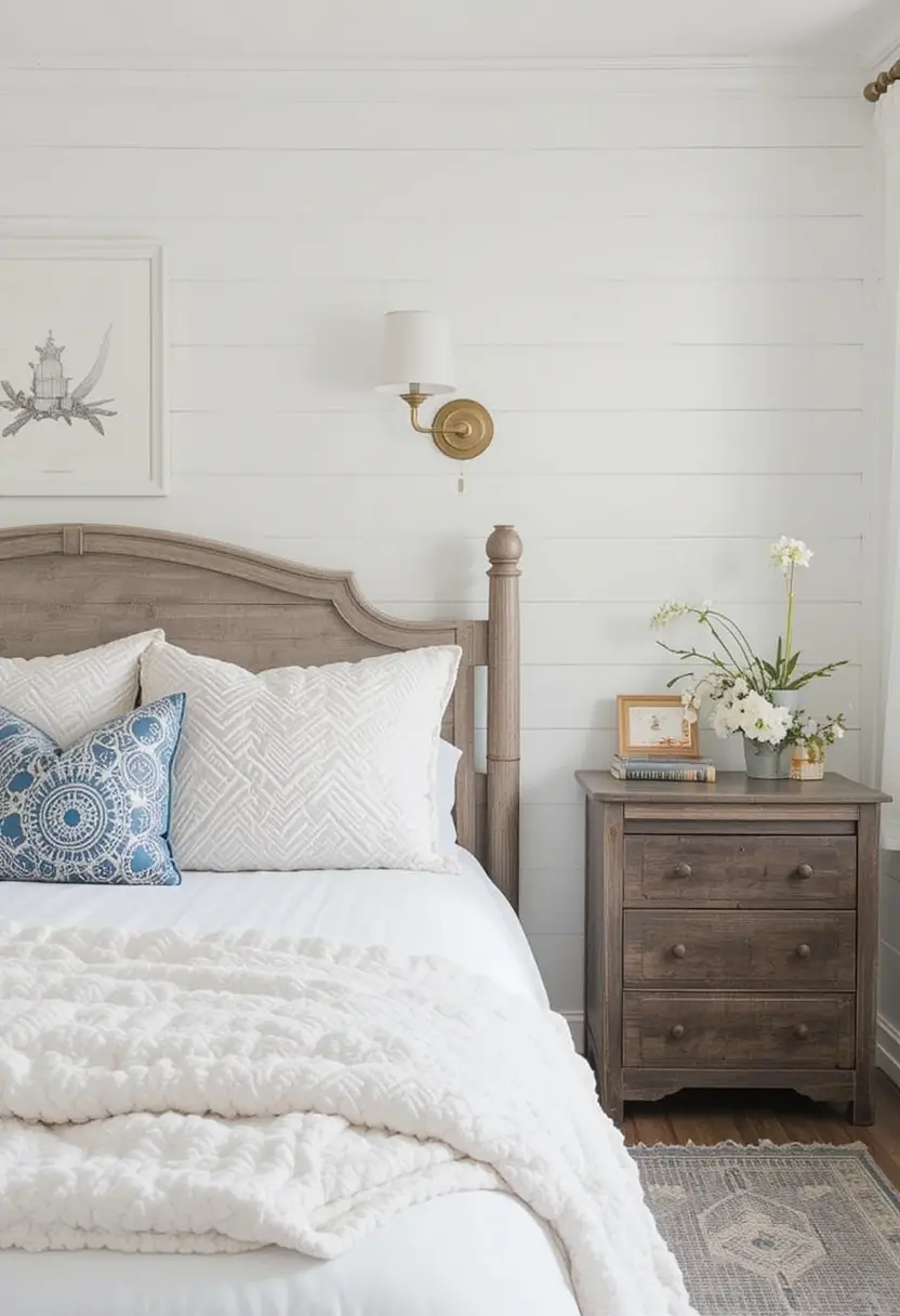Farmhouse bedroom featuring white shiplap walls, a weathered grey wood bed and nightstand, and textured white bedding.