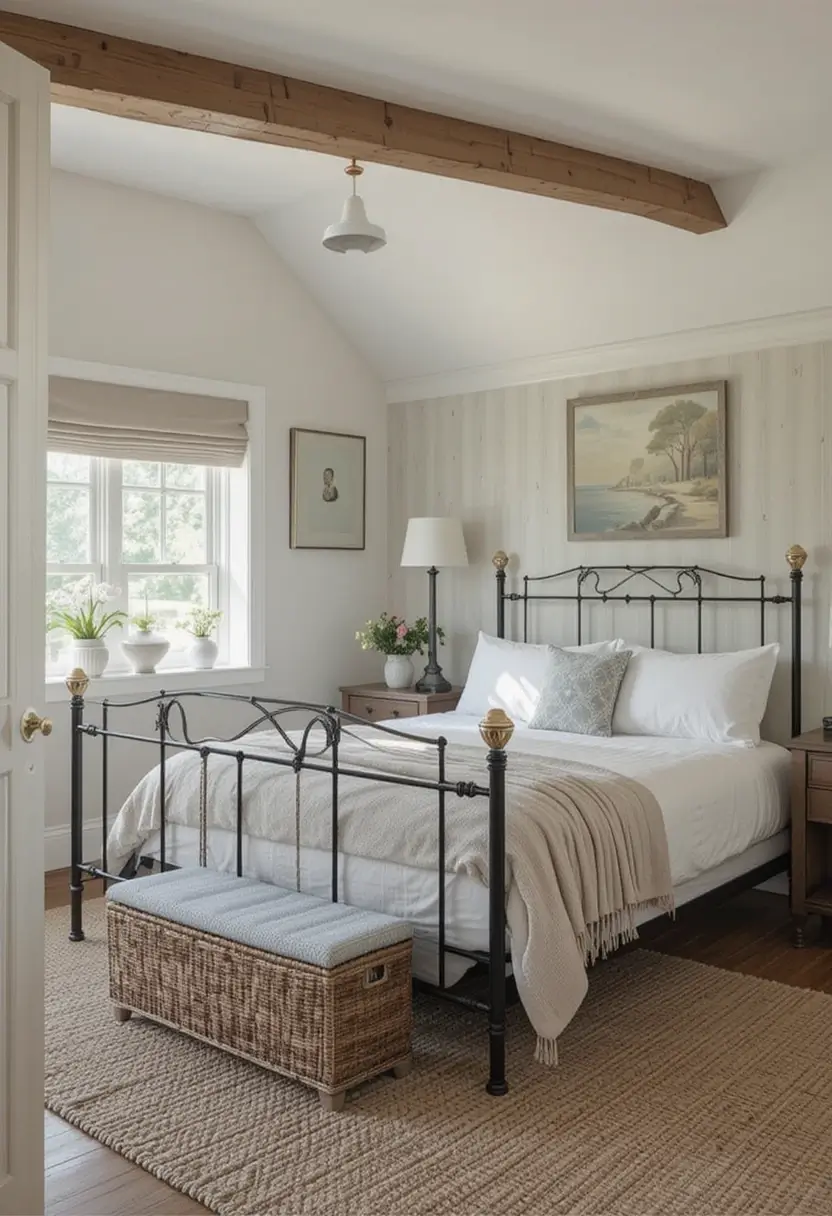 Farmhouse bedroom with black metal bed featuring brass accents, subtle wallpaper, and a woven storage bench at the foot.