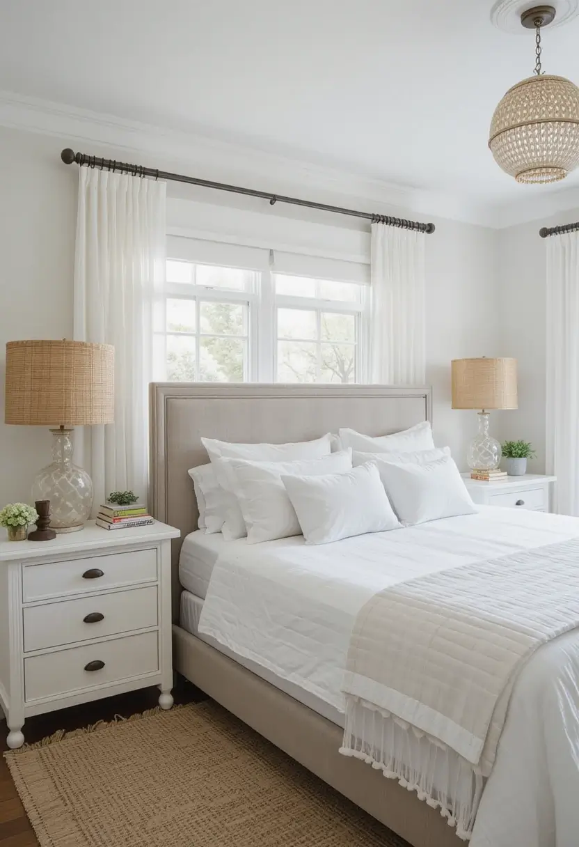 Serene farmhouse bedroom featuring a neutral upholstered bed, white nightstands, and lamps with woven shades.