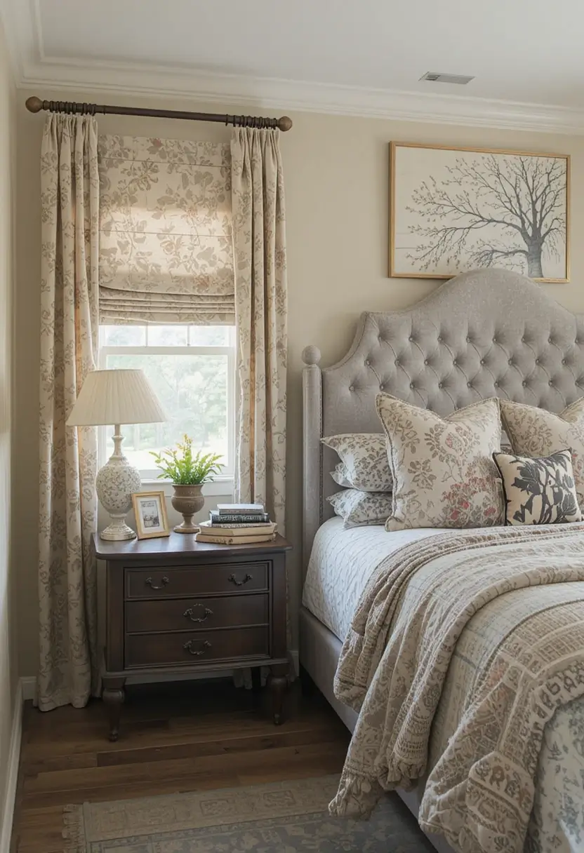 Elegant farmhouse bedroom featuring layered patterns on bedding and curtains, with a grey tufted headboard and dark wood nightstand.
